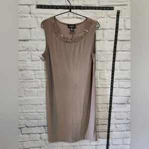 R&M Richards taupe midi dress with embellished neckline. Size 12P